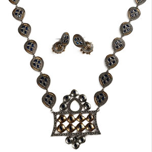 ชุดสร้อยคอและต่างหูสำหรับเจ้าสาว สีเงินออกซิไดซ์สองสี ทองเหลืองประดับพลอยสีน้ำเงินเข้ม แบบดั้งเดิมสำหรับงานแต่งงานสไตล์โบฮีเมียน - Product Image 1