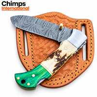 Couteau pliant artisanal Wazirabad Pakistan pour la chasse et le camping, lame en acier Damas à pointe tombante de 7 pouces, manche en bois de cerf, garantie de 3 ans