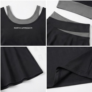 Ensemble de yoga 2 pièces North Approach : Crop top et jupe noirs unis avec bordure contrastante, taille haute, sans couture, séchage rapide, vêtements de sport - Product Image 4