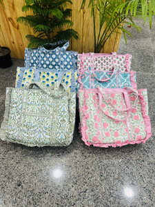 Customized Quilted Cotton Vintage Floral Quilted Large Ruffle Tote <b>Bag</b> Handprinted <b>Boho</b> Shopping <b>Bag</b> for Women - Product Image 6