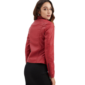 Veste moto en cuir PU rouge pour femme, manches longues, fermeture éclair, col montant, style automne, couleur unie, longueur normale - Product Image 1