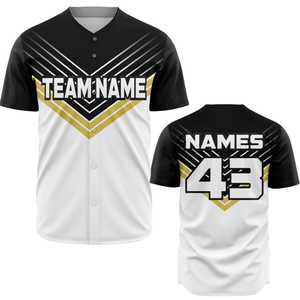Maillot de baseball personnalisé pour hommes, noir, blanc et or, respirant, uniforme d'équipe de softball, chemise de sport athlétique - Product Image 1