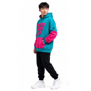 Sudadera con Capucha Unisex Oversize Never Give Up, Estampado Color Block, Felpa Francesa, Estilo Casual para Otoño, Rosa Verde Azulado - Product Image 2