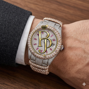 Montre-bracelet élégante de luxe en quartz avec diamants, boîtier argent et or rose, lunette sertie de pierres précieuses, verre, index roses, accent couronne bleue, acier inoxydable - Product Image 1