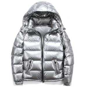 <b>Silver</b> Hooded Waterproof Puffer <b>Jacket</b> Unisex Winter Casual Thick Polyester Nylon Lining Windproof Zipper Closure Stand Collar - Product Image 1