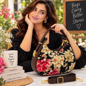 Sac Hobo Bohème Imprimé Floral pour Femme, Noir, Rouge, Beige, Fleurs, Tissu Coton, Bandoulière Réglable, Logo, Quincaillerie Dorée, Tout Inclus - Product Image 2