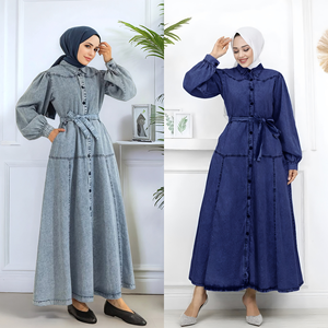 Vestido Maxi de Mezclilla para Mujer, Estilo Musulmán de Oriente Medio, con Cuello de Solapa, Elegante, para Ramadán, Jalabiya, Abaya Árabe, con Botones y Cinturón - Product Image 2