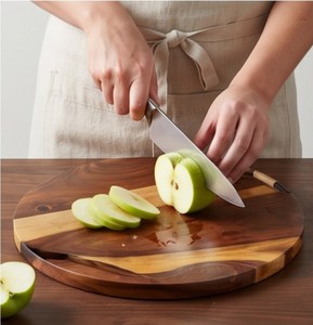 Planche à découper ronde en bois avec poignée en métal, grain de bois bicolore, pour usage en cuisine - Product Image 5