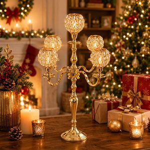 Decoración para el hogar, decoración para restaurantes, candelabro de estilo antiguo, candelabro vintage, candelabro dorado, candelabro con gotas de cristal, candelabro de lujo - Product Image 1