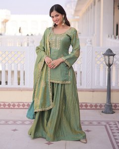 Diwali Wrinkle Free Launching Party Wear Sharara Suit with Pent and Dupatta PV Vichitra <b>Material</b> Readymade Collection - Product Image 4