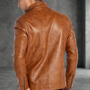 Chaqueta de Motociclista de Cuero PU Marrón para Hombre, Cuello Alto, Cierre de Cremallera, Corte Ajustado, Largo Regular, Color Sólido, para Otoño - Product Image 3