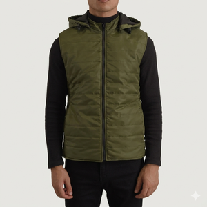Chaleco Acolchado con Capucha Color Verde Oliva para Hombre, Chaleco Acolchado Cálido de Invierno, Chaqueta sin Mangas Impermeable para Hombre - Product Image 1