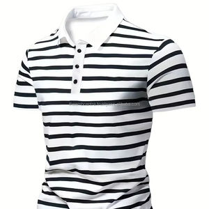 Polo rayé décontracté pour homme-Tissu en tricot 100% polyester légèrement extensible, manches longues pour l'automne - Product Image 1