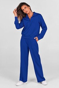 Ensemble de sweat-shirts bleus à col zippé, manches longues, tricotés, couleur unie, coupe ample, décontractés, pour l'automne, unisexe, avec poche et col en V - Product Image 2