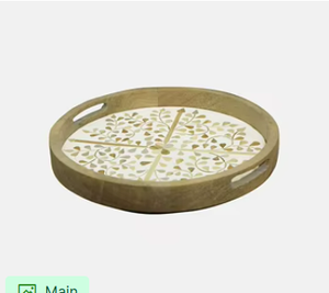 Bandeja de Servir Decorativa Circular de Madera de Mango con Incrustaciones Florales de Madreperla Hechas a Mano, Elegante y Moderna para Café - Product Image 6