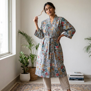 Bata Kimono de Algodón Gris con Estampado Floral para Mujer, Manga Larga, Cuello en V, Ropa de Estar por Casa, Bata de Baño Larga con Cinturón - Product Image 4