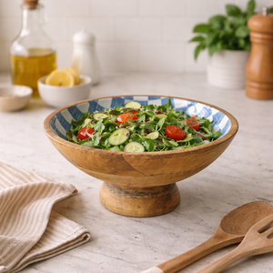 Tazón de pedestal esmaltado de madera de mango con estampado personalizado azul y blanco, juegos de vajilla ecológicos para el hogar y la cocina. - Product Image 2