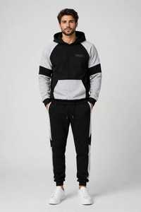 ONETEN APPARELS Ensemble de survêtement à capuche noir et gris grande taille pour homme, pantalon de jogging décontracté à cordon de serrage, tenue d'automne - Product Image 1