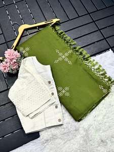 Exclusivo Sari de Muselina de Algodón y Seda con Diseño de Diseñador y Blusa Elegante, Estilo Étnico Moderno, Última Moda India, Ropa de Fiesta Modesta para Mujer - Product Image 3