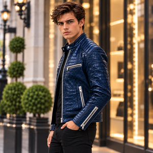 <b>Mens</b> <b>Blue</b> for Embossed Leather Breathable Winter Slim Fit Motorcycle Jacket OEM Luxury Fashion Outerwear Wholesale - Product Image 2