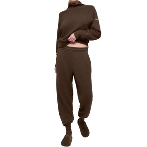 Trendy Waffle Knit <b>Mock</b> <b>Neck</b> <b>Top</b> Jogger Set Women 2 piece set Cotton Blend Thermal Lounge Wear Textured Athleisure custom OEM - Product Image 1