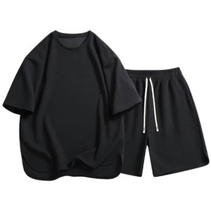 Ensemble t-shirt et short bleu clair pour homme, col rond, couleur unie, tenue décontractée, vêtements en tricot à séchage rapide, ensemble d'été pour homme en solde - Product Image 5