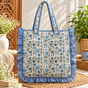 Bolso Tote de Algodón Acolchado con Estampado Floral Azul, con Detalle de Volantes, Abertura Superior, para Compras, Viajes, Playa y Uso Diario - Product Image 3