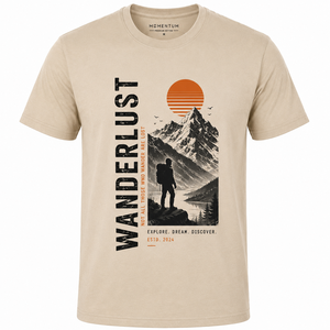 เสื้อยืดแขนสั้นผู้ชาย Wanderlust สีเบจ คอกลม ทรงปกติ ผ้าคอตตอนเจอร์ซีย์ พิมพ์ลายภูเขาด้านหน้า ระบายอากาศได้ดี สวมใส่สบาย - Product Image 3
