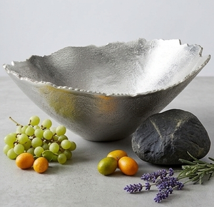 Antique Design Metal Centerpiece Oval Shape <b>Bowl</b> With Sculpted Edges Decorative Antique Modern <b>Silver</b> Color Finished <b>Bowl</b> - Product Image 1