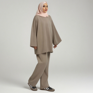 Wholesale Loose Modest Muslim Winter Abaya Top Pants and Hoodie <b>Sets</b> with <b>Embroidery</b> Pockets Two-Piece for Women - Product Image 5