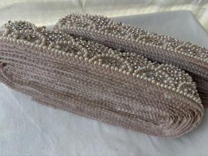 Rose Gold Scalloped Pearl Lace Trim Embroidered Beaded Mesh Ribbon <b>for</b> Bridal <b>Wedding</b> Dress Luxury Garment Border Wholesale - Product Image 3