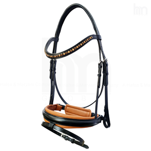 Brida de Doma Personalizada OEM Elegante de Cuero Anatómico de Vacuno y Doble Tono Cognac con Narquera Ancha Acolchada Suave, con Frontal de Cristal - Product Image 1