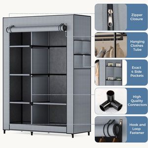 Armoire portable de 40 pouces, porte-vêtements autoportant avec housse en tissu gris - Product Image 3