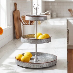 Round Metal <b>3</b>-<b>Tier</b> <b>Cake</b> <b>Stand</b> With Rustic Finish And Central Handle For Display - Product Image 3
