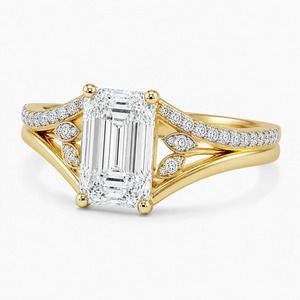 Anillo de banda dividida con hoja de diamante esmeralda, oro amarillo de 18K, pavé botánico, diamantes cultivados en laboratorio, de lujo, moderno, para mujer, anillo de boda - Product Image 2