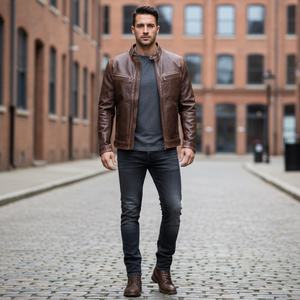 Blouson en cuir décontracté pour homme, en cuir de vachette, fermeture éclair sur le devant, pour usage quotidien, vêtement d'extérieur élégant, coupe-vent, respirant, écologique, hiver, vente en gros - Product Image 3