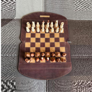 Brown Leather Roll-Up <b>Chess</b> <b>Set</b> With Elegant Storage Case Portable Strategy Game Board And Modern <b>Wooden</b> Pieces For Travel Play - Product Image 1