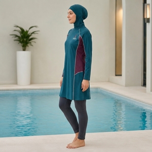 Conjunto de burkini impermeable de dos piezas con logo personalizado, traje de baño musulmán, traje de baño islámico, corte regular, traje de baño modesto para mujer, para nadar en la playa - Product Image 5