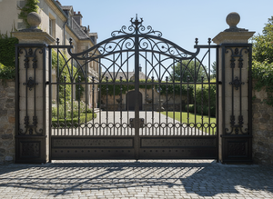 Portails doubles traditionnels en fer forgé avec motifs floraux complexes, style européen, à ouverture battante, thermolaqués pour usage extérieur en villa - Product Image 3
