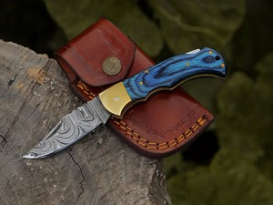 Navaja de bolsillo plegable de acero de Damasco de grado industrial hecha a mano con hoja de punta caída, mango de madera y empeines de latón EDC - Product Image 2