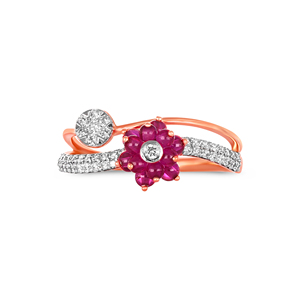Bague de fiançailles de luxe en or rose 14 carats avec rubis, motif fleur épanouie, diamants et rubis marquise sertis pavé, diamant taille brillant - Product Image 3