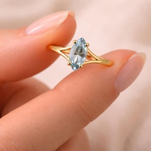 14K Gold Plated Bohemian Christian Style Marquise Cut Aquamarine <b>Ring</b> Women <b>Split</b> Shank Solitaire Anniversary Gift Jewelry - Product Image 1
