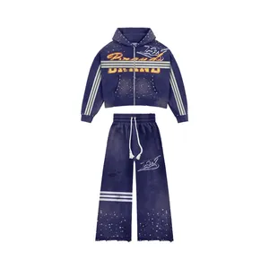 Ensemble de survêtement à capuche pour homme, style sportif, bleu foncé, imprimé avec des étoiles et un logo sur le devant, vêtements d'automne - Product Image 1