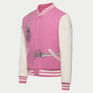 Pink Varsity <b>Jacket</b> with Skeleton Embroidery Crew Neck Collar Men's <b>Punk</b> Style Regular Fit Winter Wear - Product Image 3