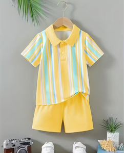 Baby Boys 2pcs Striped Polo Shirt Shorts Set Yellow Summer Casual Breathable Cotton Outfit Short Sleeve Turn-down Collar - Product Image 1