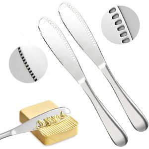 Set di 2 Coltelli Spalmatori 3 in 1 in Acciaio Inox per Burro e Formaggio con Fori per Arachidi, Utensili da Cucina - Product Image 1