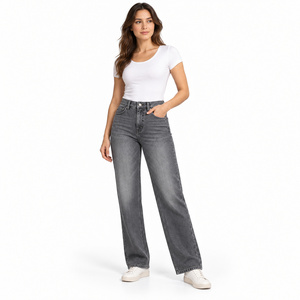 Jeans de mezclilla de cintura alta y pierna recta para mujer con presillas de cinturón, color gris ahumado - Venta al por mayor - Product Image 3