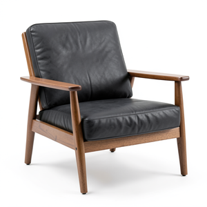 Sillón de Cuero Vacuno Negro Genuino con Estructura de Madera Maciza Marrón Natural, Sillón Moderno para Sala de Estar - Product Image 1