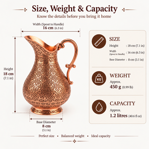 Carafe à eau en cuivre pur gravée à la main, motif floral complexe en relief, style arabe, pour service et cadeau - Product Image 5