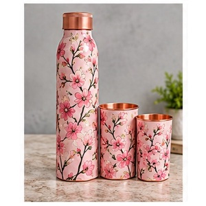 Artistic Copper Water <b>Bottle</b> with 2 Matching Cups <b>Pink</b> Floral Design Portable Drinkware Set for Travel - Product Image 1